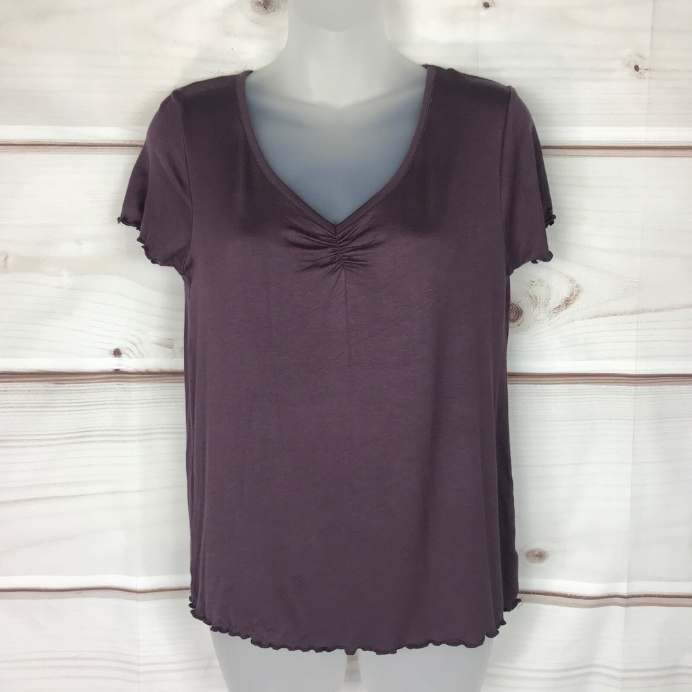 Hippie Rose Top Juniors M Purple Ruched T-Shirt V-Neck Short Sleeve Solid Knit